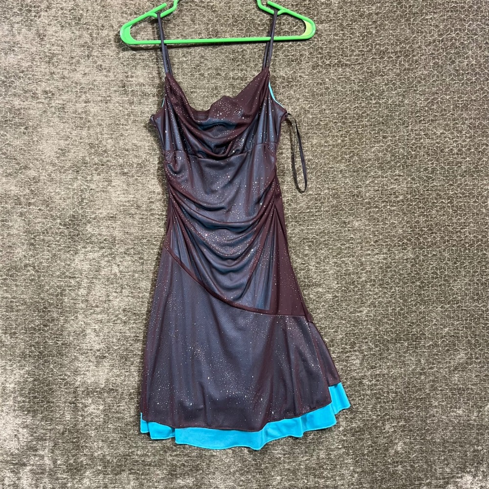 City Triangles Dress Womens M Brown Teal Glitter Cowl Neck Mesh 9512-Q409 Y2K